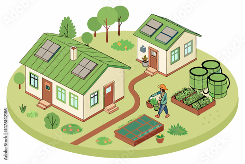 Eco-Village with Circular Urban Layout and Green Roofs