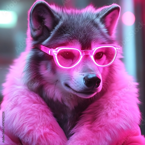 Wolf with Neon Glasses and Pink Fur
