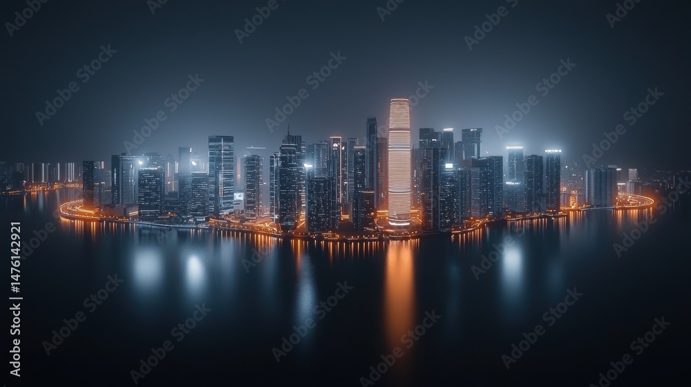 Fototapeta premium Aerial Artistic Night Shot of European City Lights Reflected on Water Surface