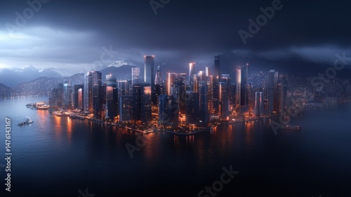 Aerial View of European City Illuminated at Night with Dramatic Lighting and Reflections