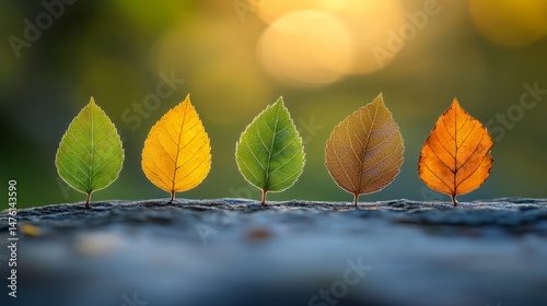 Life Cycle of a Leaf: A series of five leaves lined up on a log capture the cyclical journey of nature, showcasing vibrant shades of green, yellow, and brown as they transition through the seasons.