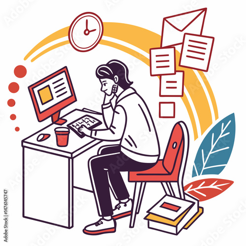 Working at Desk silhouette vector illustration