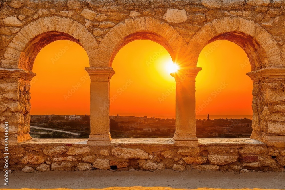 Fototapeta premium Ancient arches framing a vibrant sunset