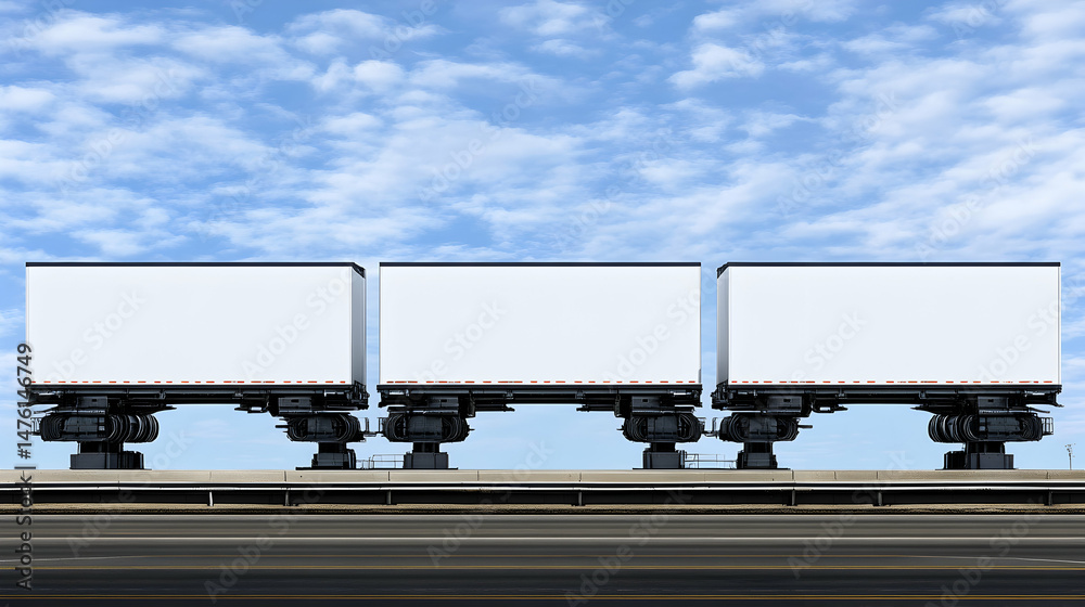 Obraz premium Three blank trailer billboards on a highway, under a bright blue sky. Perfect for your advertising campaign.