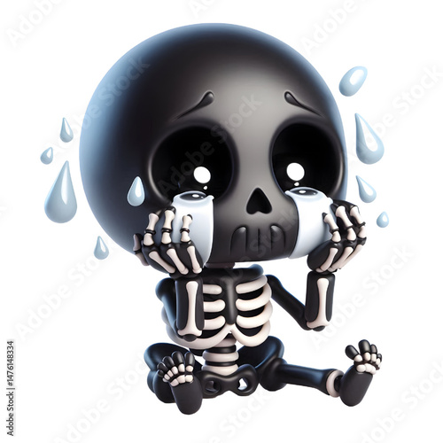 BLACK Cute 3D Skeleton Crying With Tears isolated on white background