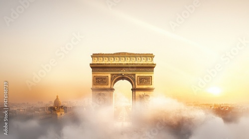 Stunning Watercolor Rendition of the Arc de Triomphe at Sunrise with Cloudy Background
