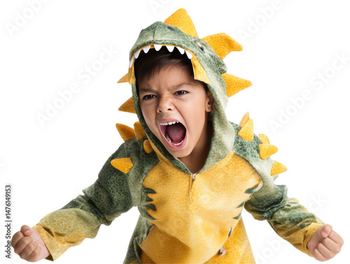 A boy in a yellow dinosaur costume is roaring. isolated, transparent background