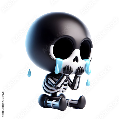 BLACK Cute 3D Skeleton Crying With Tears isolated on white background