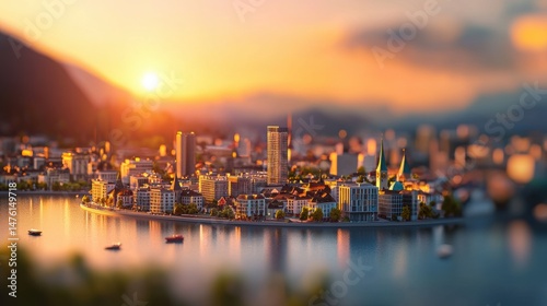 Whimsical Miniature Version of Zurich with Lake Zurich at Sunset in High Fidelity