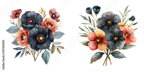 black flowers bouquet watercolor vector illustration