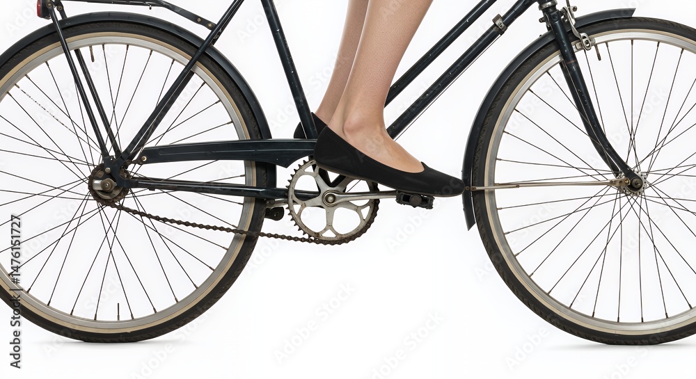 Dark Bicycle with White Rimmed Tires and Foot on Pedal Isolated on White Background Close Up Shot Dark Bicycle with White Rimmed Tires and Foot on Pedal Isolated on White Background Close Up Shot