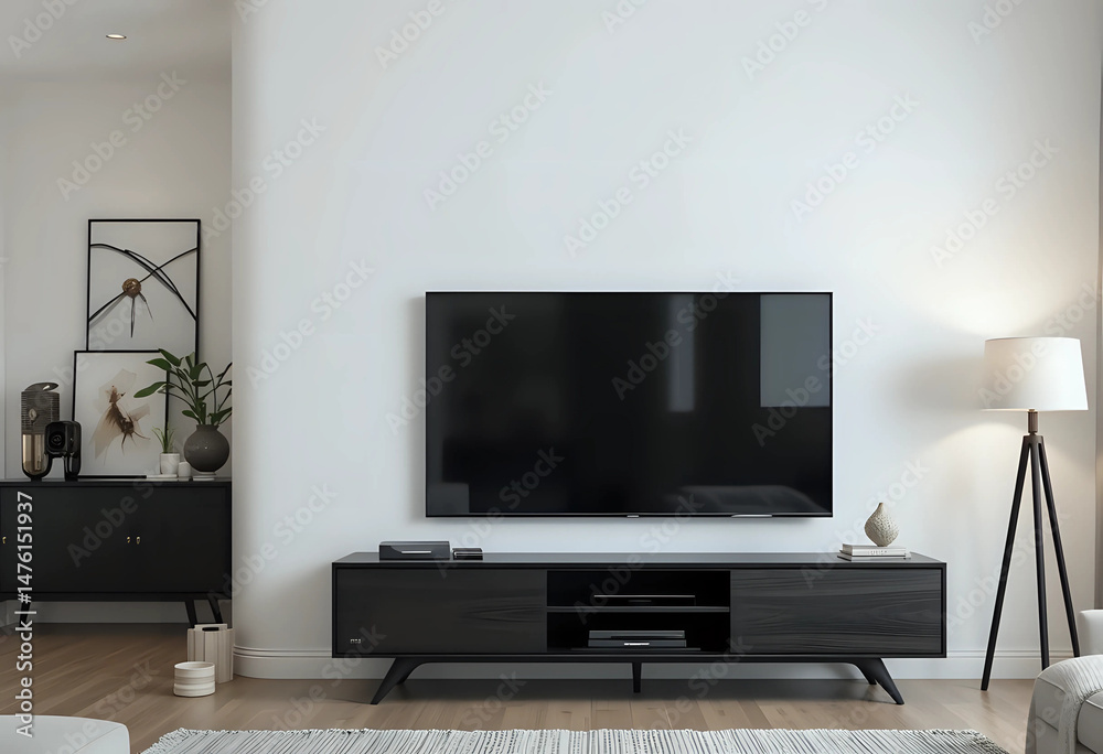 Modern tv screen hanging on white wall in living room. Front view. 3d rendering. Modern tv screen hanging on white wall in living room. Front view. 3d rendering.