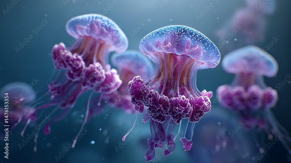 Obraz premium Glowing jellyfish swim calmly in blueish water