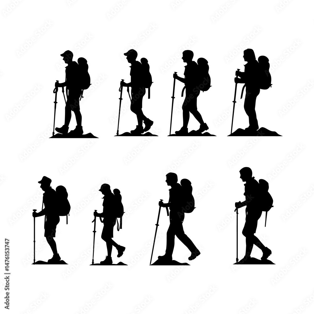 Obraz premium Hiker Silhouette Trekking Uphill with Stick