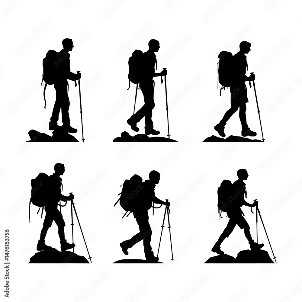 Obraz premium Hiker Silhouette Trekking Uphill with Stick