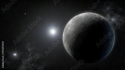 An image of Eris, one of the largest dwarf planets, showcasing its likely icy and cratered surface in shades of gray. photo