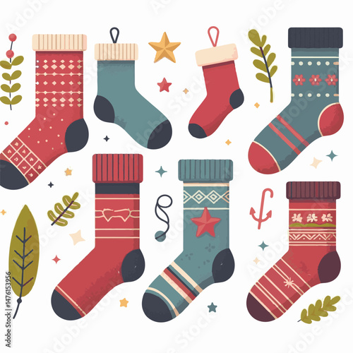 christmas, gift, stocking, winter, celebration, holiday, illustration, decoration, merry, present, festive, season, december, design, vector, greeting, background, happy, sock, red, xmas, ornament, pa
