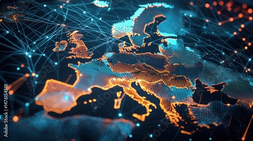 Abstract Digital Map of Europe in High Fidelity with Network Connections and Bright Colors