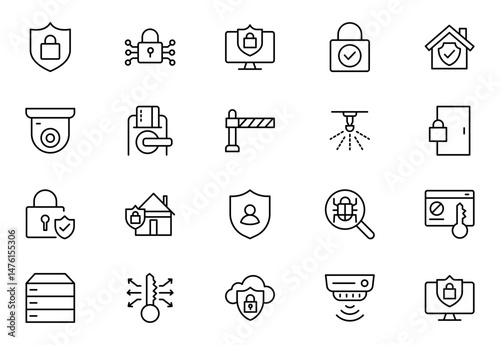 Security line icons set. Guard, cyber security, password, smart home, safety, data protection, key, shield, lock, unlock, eye access. Vector illustration.