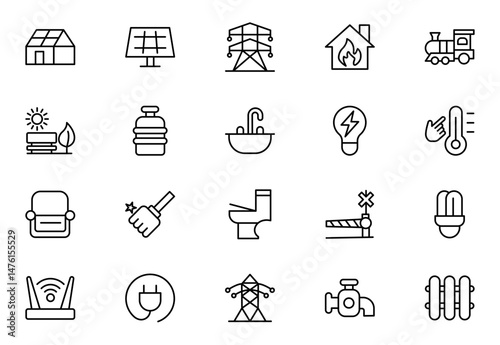 Public utilities line icons set. Public Utilities Water, Fuel, Electricity, gas, garage, Solar House, Rent receipt, Maintainence, and More vector illustration