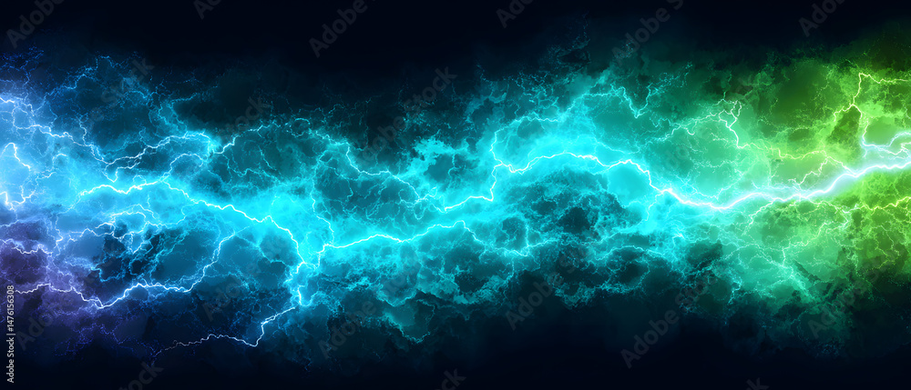 Obraz premium Wide abstract vibrant neon blue, purple, green, yellow background, electric energy pattern for website banners, fashion designs, and advertisement prints, high quality photo