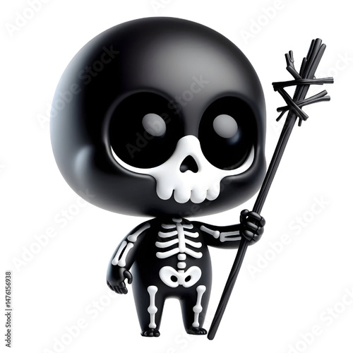 BLACK Cute 3d skeleton holding a stick isolated on white background