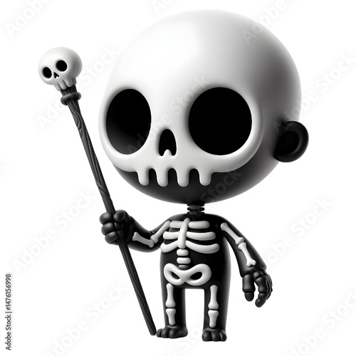 BLACK Cute 3d skeleton holding a stick isolated on white background