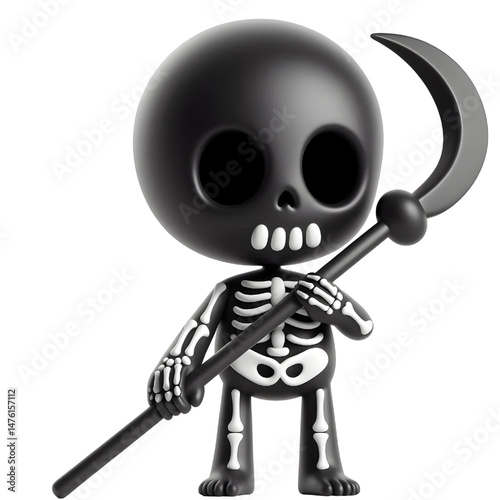 BLACK Cute 3d skeleton holding a stick isolated on white background
