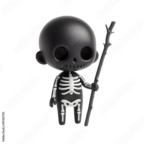 BLACK Cute 3d skeleton holding a stick isolated on white background