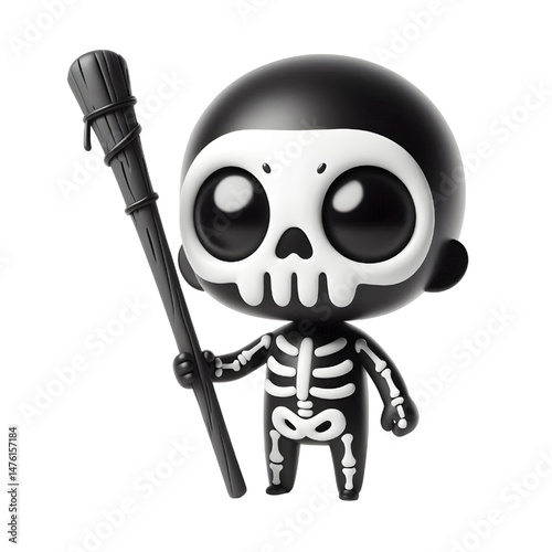 BLACK Cute 3d skeleton holding a stick isolated on white background
