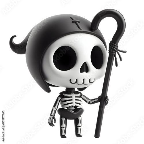 BLACK Cute 3d skeleton holding a stick isolated on white background