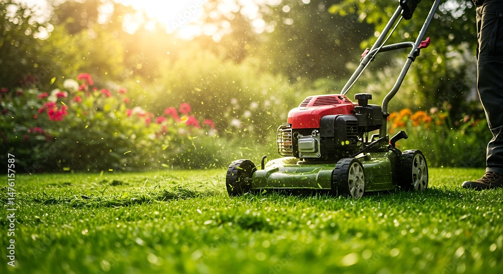 Fototapeta premium A green and black lawnmower is cutting a green lawn, operated by a person, with a garden backdrop and the sun shining brightly, creating a lens flare effect