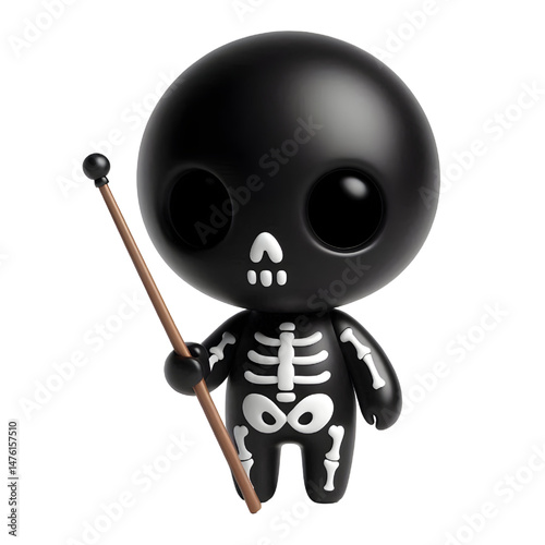 BLACK Cute 3d skeleton holding a stick isolated on white background
