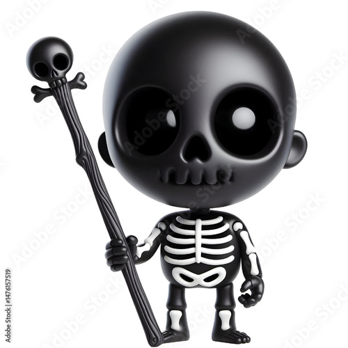 BLACK Cute 3d skeleton holding a stick isolated on white background