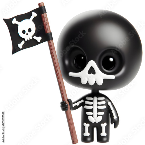 BLACK Cute 3d skeleton holding a stick isolated on white background