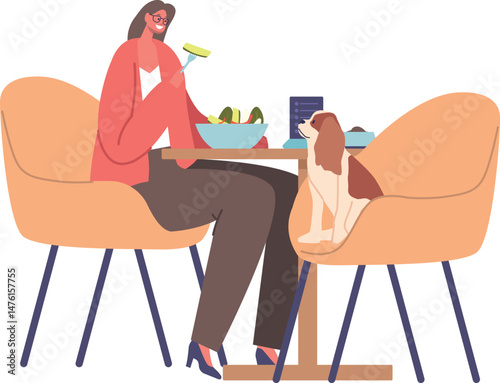 Woman eating with dog vector illustration