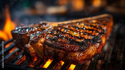 Grilled steak on a grill with flames and grill marks