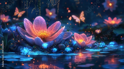 whimsical floating island garden where oversized flowers bloom and glowing butterflies flit between the petals, Generative AI