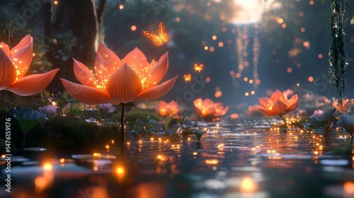whimsical floating island garden where oversized flowers bloom and glowing butterflies flit between the petals, Generative AI