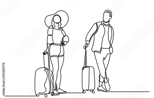 Continuous line drawing of a couple carrying a suitcase.Single-line man and woman travels and ready to board and begin their vacation.travel and vacation concept vector illustration.