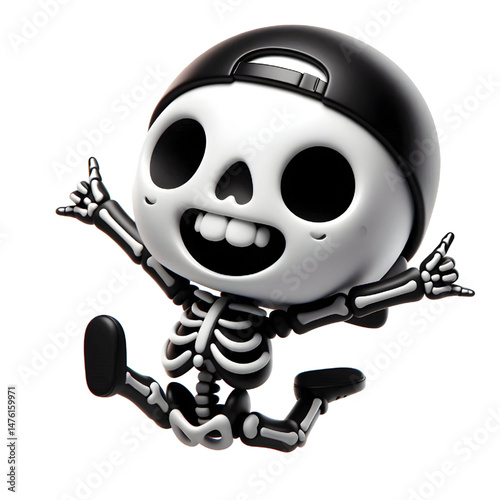BLACK Cute 3D Skeleton Jumping With Happiness isolated on white background