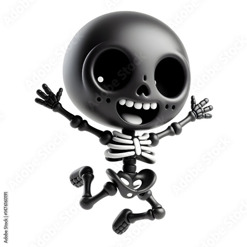 BLACK Cute 3D Skeleton Jumping With Happiness isolated on white background