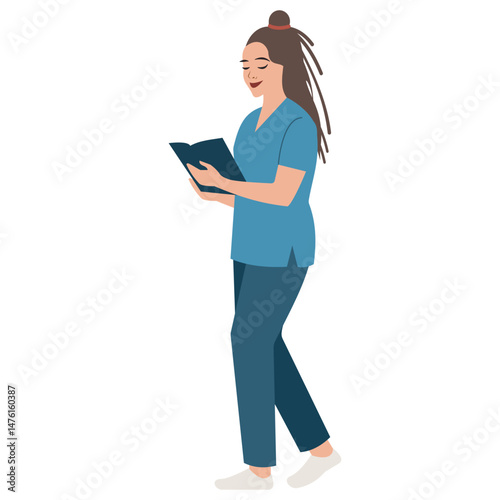 Nurse wearing blue scrubs with folder containing medical chart