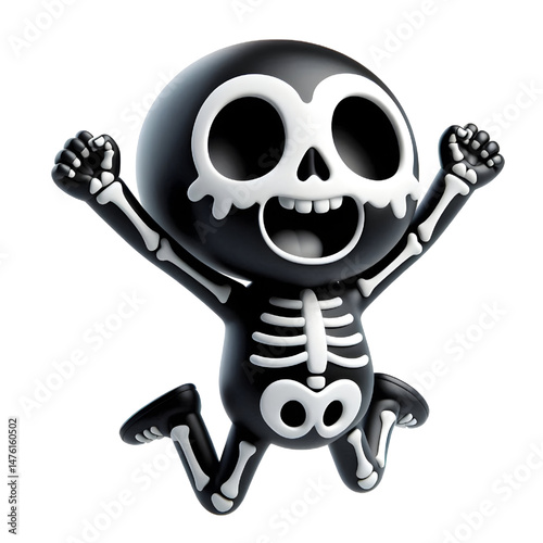 BLACK Cute 3D Skeleton Jumping With Happiness isolated on white background