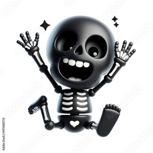 BLACK Cute 3D Skeleton Jumping With Happiness isolated on white background