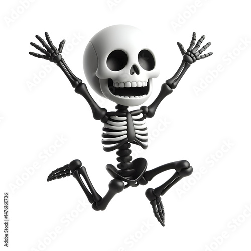 BLACK Cute 3D Skeleton Jumping With Happiness isolated on white background