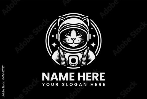 Bold Astronaut Kitty Vector Logo Graphic. Funny Space Pet Design