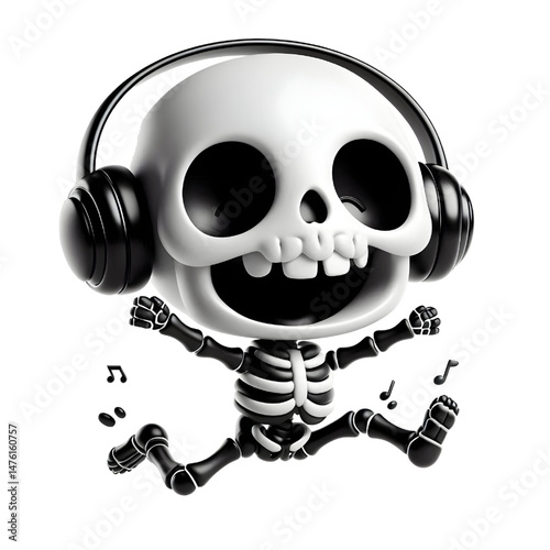 BLACK Cute 3D Skeleton Jumping With Happiness isolated on white background