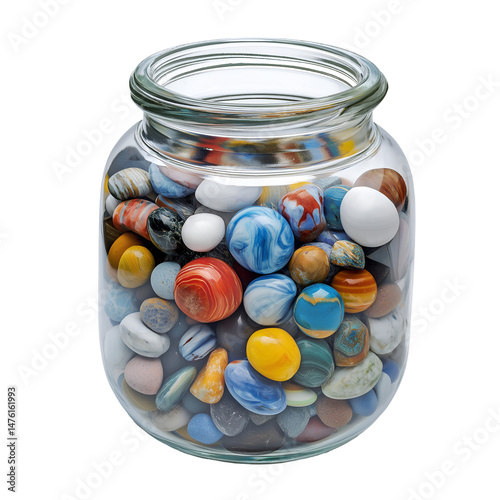 Glass Jar Full of Colorful Stones and Spheres on White or Transparent