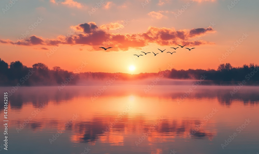 Fototapeta premium serene sunrise over a calm lake with mist rising from the water and birds flying in formation overhead, Generative AI